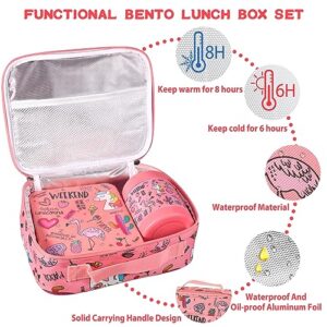 Bento Lunch Box Set for Kids with 10oz Soup Thermo, Leak-Proof Lunch Containers with 4 Compartment, Kids Thermo Hot Food Jar and Insulated Lunch Bag for Kids to School,BPA-Free(Flamingos)