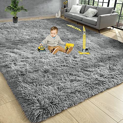 Grey Rug for Living Room, Super Large 6X9 Ft Soft Fluffy Shag Area Rug for Bedroom Indoor Nursery Room, Gray Throw Shaggy Furry Carpet, Faux Fur Plush Rugs for Beside Teen Room Home Décor