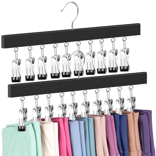 Closet Organizer, Legging Organizer for Closet, Wooden Hangers with Clips Holds 20 Leggings/Pants/Jeans/Shorts, Hanging Closet Organizer w/Rubber Coated, 360°Rotating Hook, Space Saving, 2Pcs Black