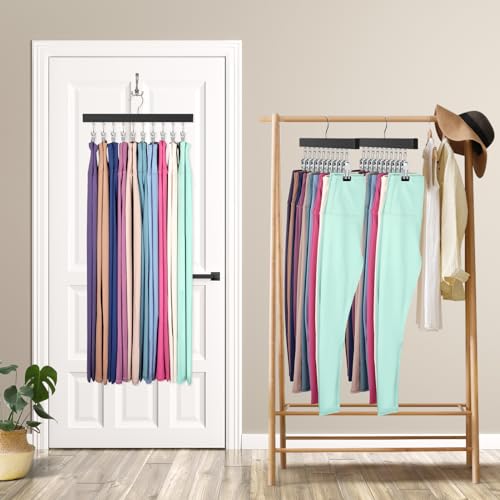 Closet Organizer, Legging Organizer for Closet, Wooden Hangers with Clips Holds 20 Leggings/Pants/Jeans/Shorts, Hanging Closet Organizer w/Rubber Coated, 360°Rotating Hook, Space Saving, 2Pcs Black