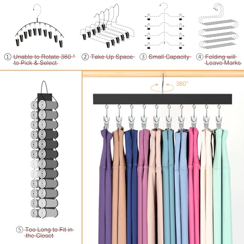 Closet Organizer, Legging Organizer for Closet, Wooden Hangers with Clips Holds 20 Leggings/Pants/Jeans/Shorts, Hanging Closet Organizer w/Rubber Coated, 360°Rotating Hook, Space Saving, 2Pcs Black
