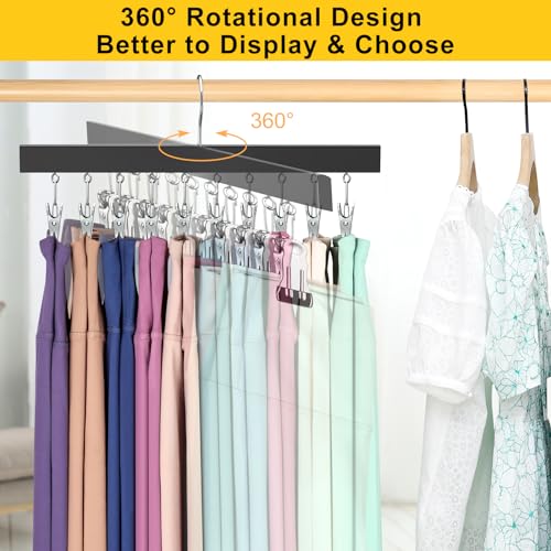 Closet Organizer, Legging Organizer for Closet, Wooden Hangers with Clips Holds 20 Leggings/Pants/Jeans/Shorts, Hanging Closet Organizer w/Rubber Coated, 360°Rotating Hook, Space Saving, 2Pcs Black