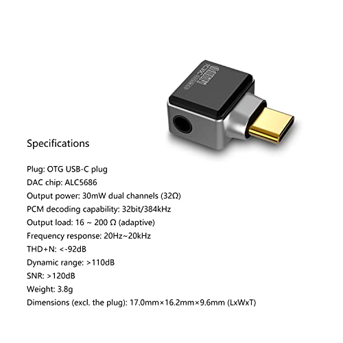 Linsoul DDHIFI TC35C HiFi Audio Adapter Converter with 3.5mm Plug, ALC5686 DAC Chip, T-Shaped OTG Plug, Aluminum Alloy Case for Android (TC35C, Type C)