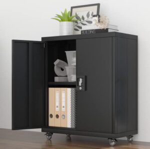 lucypal metal storage cabinet with wheels, lockable metal cabinet with 1 adjustable shelf suit home office,black