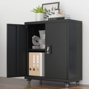 LUCYPAL Metal Storage Cabinet with Wheels, Lockable Metal Cabinet with 1 Adjustable Shelf Suit Home Office,Black