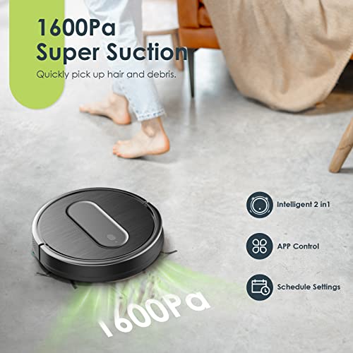 Robot Vacuum and Mop Combo, 3 in 1 Mopping Robotic Vacuum with Schedule, App/2.4Ghz Wi-Fi/Alexa, 1600Pa Max Suction, Self-Charging Robot Vacuum Cleaner, Slim, Ideal for Hard Floor, Pet Hair, Carpet