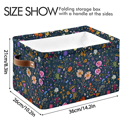 Kigai Large Storage Basket Cute Cartoon Flowers Square Foldable Canvas Laundry Baskets Bin Waterproof Inner Layer with Sturdy Handles for Kids Toy Nursery Blanket Clothes 1 Pack