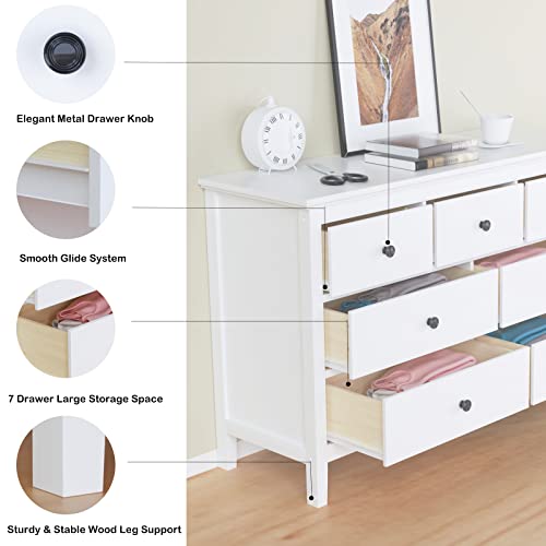 CARPETNAL White Dresser, Modern Dresser for Bedroom, 7 Drawer Dresser with Wide Drawer and Metal Handles