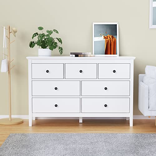 CARPETNAL White Dresser, Modern Dresser for Bedroom, 7 Drawer Dresser with Wide Drawer and Metal Handles