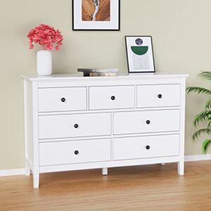 CARPETNAL White Dresser, Modern Dresser for Bedroom, 7 Drawer Dresser with Wide Drawer and Metal Handles