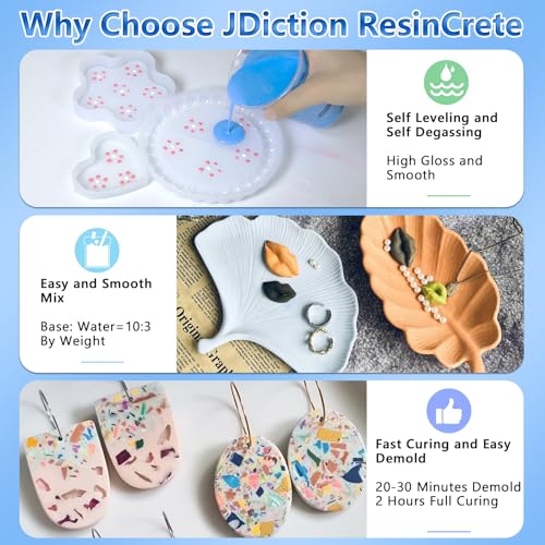 JDiction ResinCrete, 1000g Water Based Casting Resin for Beginners, 20-30Minutes Demold, Fast Curing Terrazzo Resin, Self Leveling, Easy Mix Casting and Coating Resin
