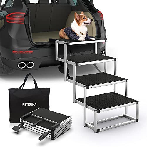 PetRuna Dog Car Ramp for Large Dogs, Portable Aluminum Foldable Pet Ladder with Non-Slip Surface, Lightweight Stairs Cars SUV, High Beds & Trucks, Supports up to 150 lbs, 4 Steps