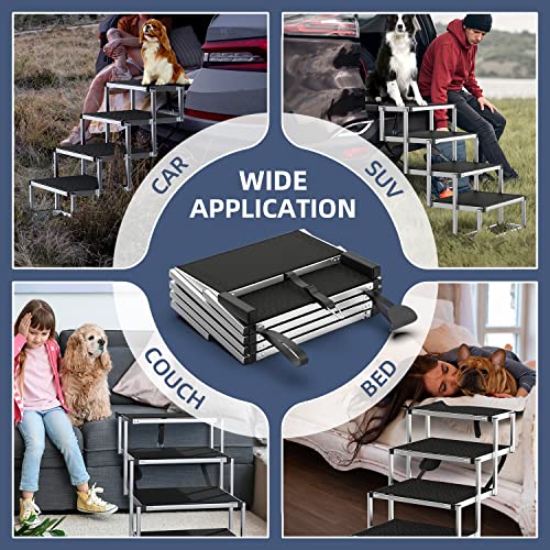 PetRuna Dog Car Ramp for Large Dogs, Portable Aluminum Foldable Pet Ladder with Non-Slip Surface, Lightweight Stairs Cars SUV, High Beds & Trucks, Supports up to 150 lbs, 4 Steps