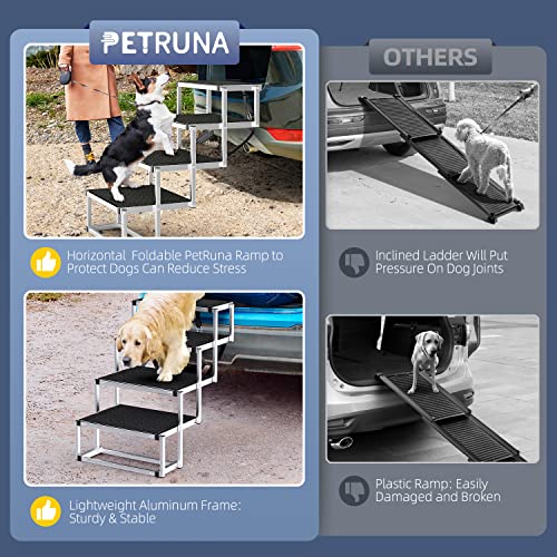 PetRuna Dog Car Ramp for Large Dogs, Portable Aluminum Foldable Pet Ladder with Non-Slip Surface, Lightweight Stairs Cars SUV, High Beds & Trucks, Supports up to 150 lbs, 4 Steps