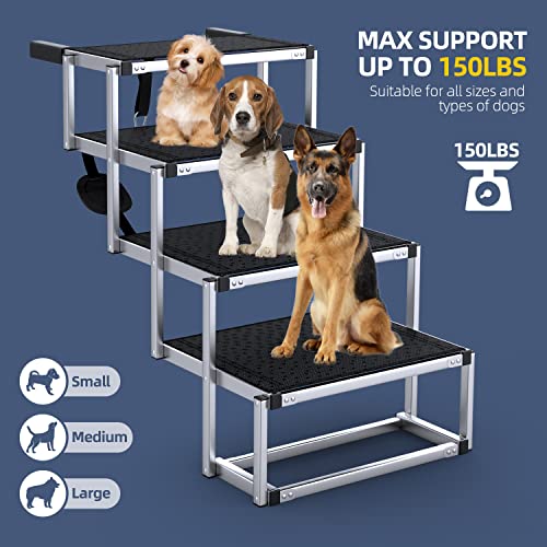 PetRuna Dog Car Ramp for Large Dogs, Portable Aluminum Foldable Pet Ladder with Non-Slip Surface, Lightweight Stairs Cars SUV, High Beds & Trucks, Supports up to 150 lbs, 4 Steps