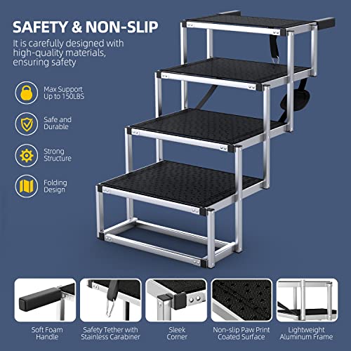 PetRuna Dog Car Ramp for Large Dogs, Portable Aluminum Foldable Pet Ladder with Non-Slip Surface, Lightweight Stairs Cars SUV, High Beds & Trucks, Supports up to 150 lbs, 4 Steps