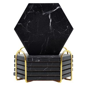 warmroom absorbent hexagon black marble coasters for drink with gold holder and cork base set of 6 decorative tabletop protection for bar kitchen home and dining room decor