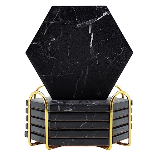 Warmroom Absorbent Hexagon Black Marble Coasters for Drink with Gold Holder and Cork Base Set of 6 Decorative Tabletop Protection for Bar Kitchen Home and Dining Room Decor