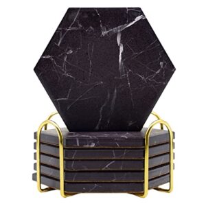 Warmroom Absorbent Hexagon Black Marble Coasters for Drink with Gold Holder and Cork Base Set of 6 Decorative Tabletop Protection for Bar Kitchen Home and Dining Room Decor