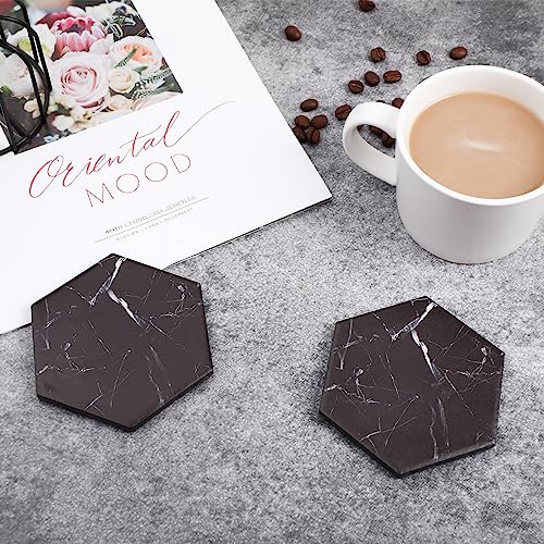 Warmroom Absorbent Hexagon Black Marble Coasters for Drink with Gold Holder and Cork Base Set of 6 Decorative Tabletop Protection for Bar Kitchen Home and Dining Room Decor