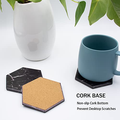 Warmroom Absorbent Hexagon Black Marble Coasters for Drink with Gold Holder and Cork Base Set of 6 Decorative Tabletop Protection for Bar Kitchen Home and Dining Room Decor