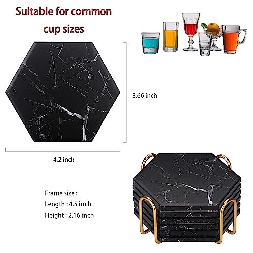 Warmroom Absorbent Hexagon Black Marble Coasters for Drink with Gold Holder and Cork Base Set of 6 Decorative Tabletop Protection for Bar Kitchen Home and Dining Room Decor