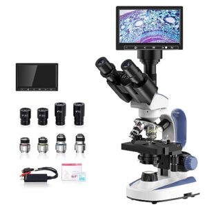 edkkie 40x-2500x lab compound trinocular microscope built-in 5mp camera with 7’’ screen, wide-field 10x and 25x eyepieces, dual illumination system, double layer mechanical stage