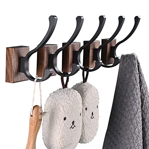 FunViet Wooden Coat Hooks Wall Mounted, 5 Pack Rustic Walnut Decorative Individual Heavy Duty Wall Hooks for Hanging Coats,Backpacks,Keys,Hats,Towels,Bags,Dog Leashes,etc.…