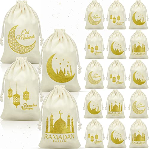 24 Pcs Ramadan Burlap Bags Eid Mubarak Goody Bags Linen Drawstring Gift Bags Islamic Gifts Small Drawstring Pouch Eid Goodie Bags for Muslim Eid Mubarak Party Decorations, 4.7 x 7.8 Inches/ 12 x 20 cm