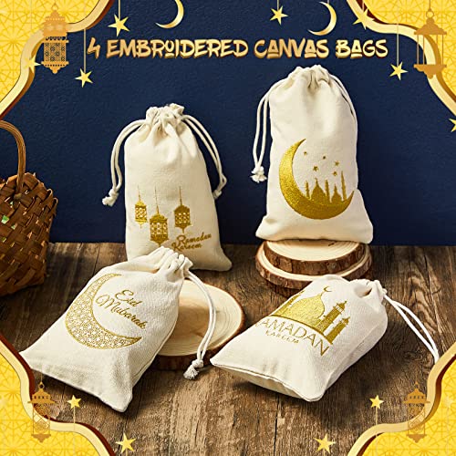 24 Pcs Ramadan Burlap Bags Eid Mubarak Goody Bags Linen Drawstring Gift Bags Islamic Gifts Small Drawstring Pouch Eid Goodie Bags for Muslim Eid Mubarak Party Decorations, 4.7 x 7.8 Inches/ 12 x 20 cm