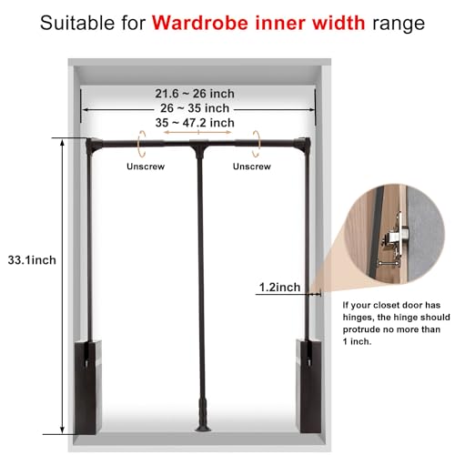 Pull Down Closet Rod for Hanging Clothes, Soft-Close Wardrobe Lift Retractable Cabinet Rail for Inside Cabinet Width 35"~47.2", 33 lb Weight Rating Aluminium alloy Tubing with Plastic Housing