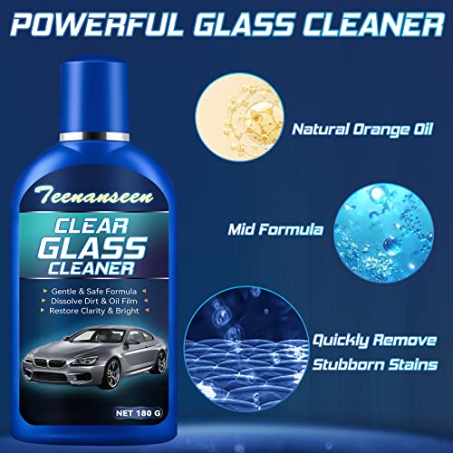 Car Glass Oil Film Cleaner, Car Glass Cleaner with Sponge, Glass Cleaner for Auto and Home Eliminates Water Spots, Bird Droppings, Coatings, and More to Polish and Restore Glass to Clear (180g)