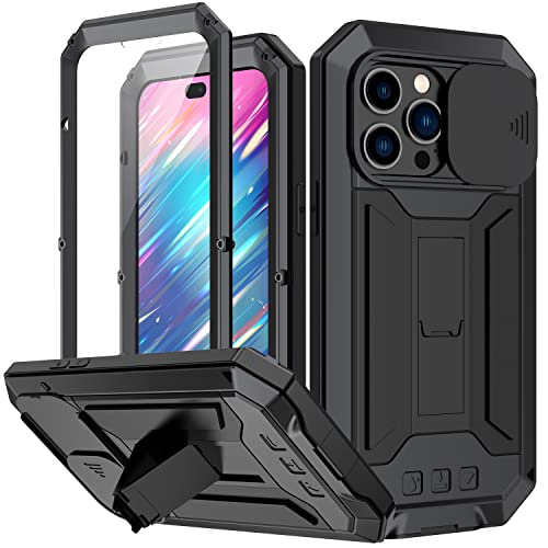 Lunivop Armor Compatible with for iPhone 14 Pro Case 6.1 inch 2022 with Screen Protector Armored Metal Silicone 360° Full Camera Protection Shockproof Phone Case Metallic Heavy Duty (Black)