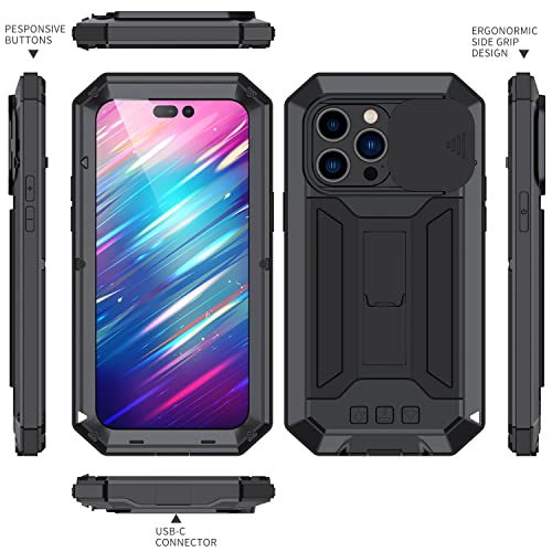 Lunivop Armor Compatible with for iPhone 14 Pro Case 6.1 inch 2022 with Screen Protector Armored Metal Silicone 360° Full Camera Protection Shockproof Phone Case Metallic Heavy Duty (Black)