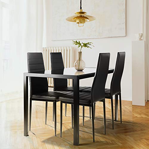 5-Piece Kitchen Table Set, Dining Table Set for 4 Dining Room Table Set for Small Spaces Modern Dinner Table Set with 4 Faux Leather Metal Frame Chairs