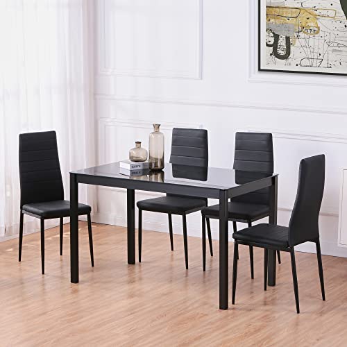 5-Piece Kitchen Table Set, Dining Table Set for 4 Dining Room Table Set for Small Spaces Modern Dinner Table Set with 4 Faux Leather Metal Frame Chairs