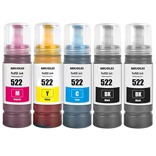 SHUOLEI T522 522 Compatible Ink Refill Bottles T522 522 Ink Bottle Refill Combo Work with EcoTank ET-2720 ET-2800 ET-2803 ET-4800 ET-4700 Printer (5 Packs, 2BK/C/M/Y)