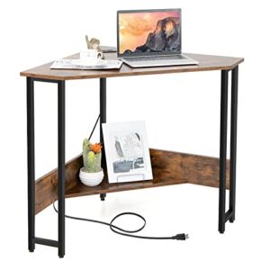 tangkula corner desk with power outlet & usb ports, triangle computer desk with charging station, storage shelf, space saving writing desk, vanity table, corner desk for small space (rustic brown)