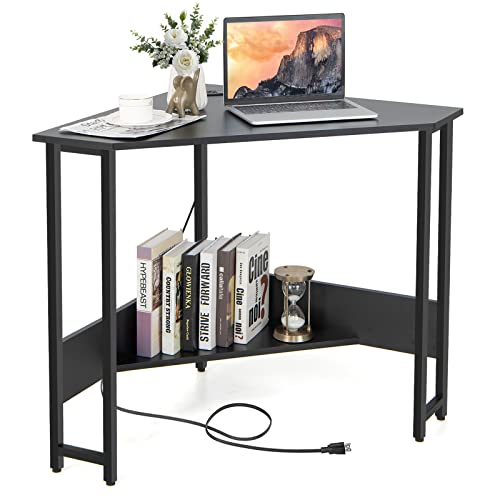 Tangkula Corner Desk with Power Outlet & USB Ports, Triangle Computer Desk with Charging Station, Storage Shelf, Space Saving Writing Desk, Vanity Table, Corner Desk for Small Space (Black)