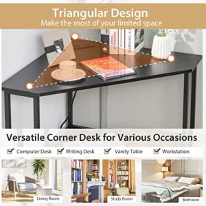 Tangkula Corner Desk with Power Outlet & USB Ports, Triangle Computer Desk with Charging Station, Storage Shelf, Space Saving Writing Desk, Vanity Table, Corner Desk for Small Space (Black)