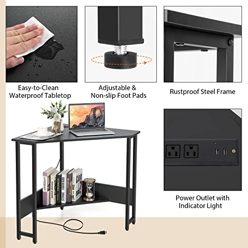 Tangkula Corner Desk with Power Outlet & USB Ports, Triangle Computer Desk with Charging Station, Storage Shelf, Space Saving Writing Desk, Vanity Table, Corner Desk for Small Space (Black)