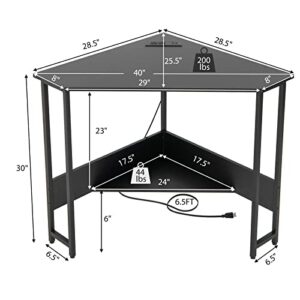 Tangkula Corner Desk with Power Outlet & USB Ports, Triangle Computer Desk with Charging Station, Storage Shelf, Space Saving Writing Desk, Vanity Table, Corner Desk for Small Space (Black)