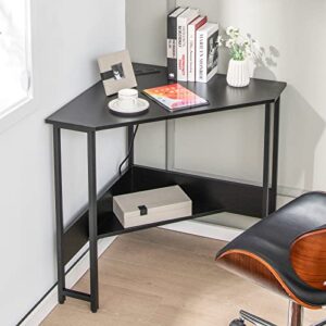 Tangkula Corner Desk with Power Outlet & USB Ports, Triangle Computer Desk with Charging Station, Storage Shelf, Space Saving Writing Desk, Vanity Table, Corner Desk for Small Space (Black)