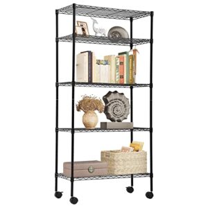 blkmty 5 tier wire shelving unit height adjustable storage shelves compact metal shelves with wheels for pantry garage organizer kitchen nsf metal storage rack 30"x14"x60", black