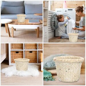 Cabilock Trash Can Straw Woven: Wastebasket Bedroom Trash Can Office Small Garbage Cans Wicker Waste Basket Decorative Countertop Trash Container for Home Office White 18x14cm