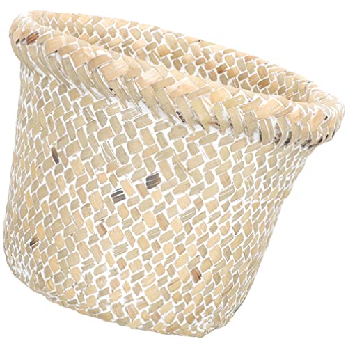 Cabilock Trash Can Straw Woven: Wastebasket Bedroom Trash Can Office Small Garbage Cans Wicker Waste Basket Decorative Countertop Trash Container for Home Office White 18x14cm