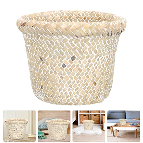 Cabilock Trash Can Straw Woven: Wastebasket Bedroom Trash Can Office Small Garbage Cans Wicker Waste Basket Decorative Countertop Trash Container for Home Office White 18x14cm