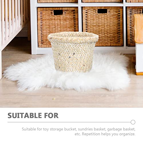 Cabilock Trash Can Straw Woven: Wastebasket Bedroom Trash Can Office Small Garbage Cans Wicker Waste Basket Decorative Countertop Trash Container for Home Office White 18x14cm