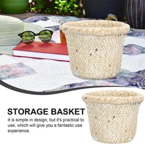 Cabilock Trash Can Straw Woven: Wastebasket Bedroom Trash Can Office Small Garbage Cans Wicker Waste Basket Decorative Countertop Trash Container for Home Office White 18x14cm