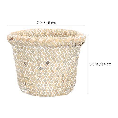 Cabilock Trash Can Straw Woven: Wastebasket Bedroom Trash Can Office Small Garbage Cans Wicker Waste Basket Decorative Countertop Trash Container for Home Office White 18x14cm